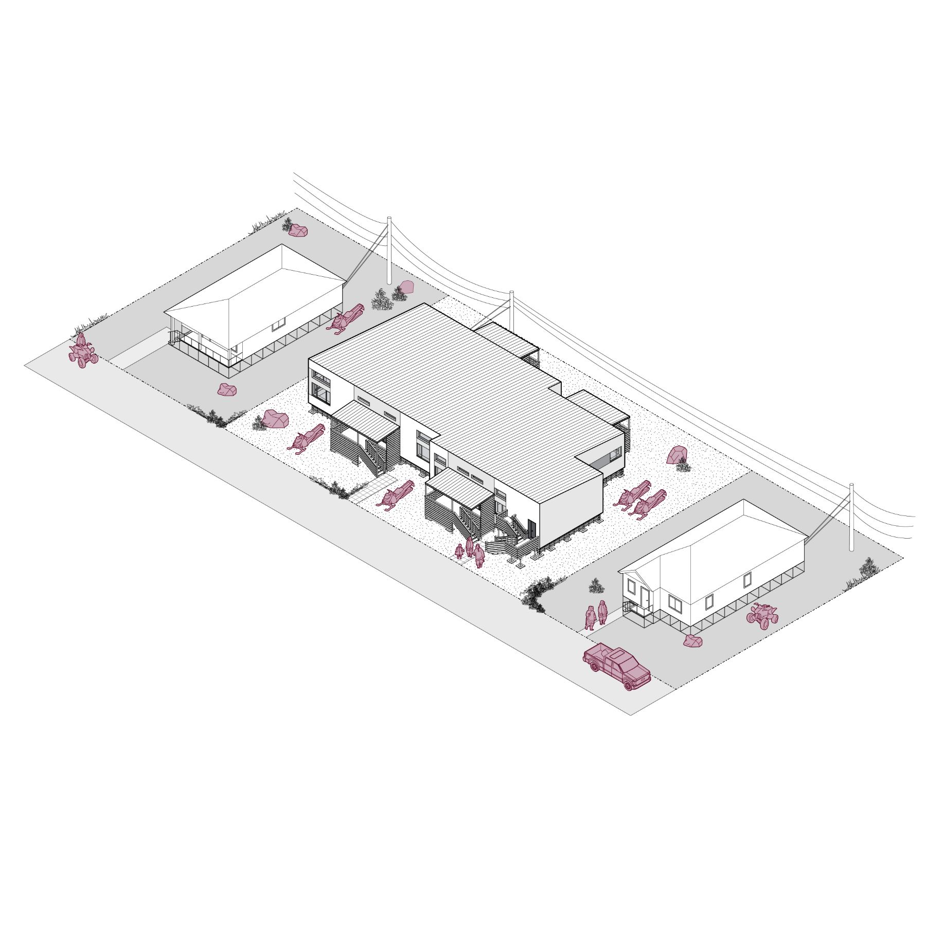 A 3D line rendering of a fourplex, which has a building area of approximately 4,956.80 square feet. The fourplex is integrated into the lot alongside existing homes, with driveways, parked vehicles, and utility poles.